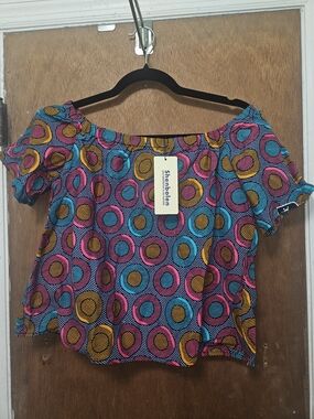 Off-Shoulder Women’s Top in Pink, Blue & Yellow Circle Print